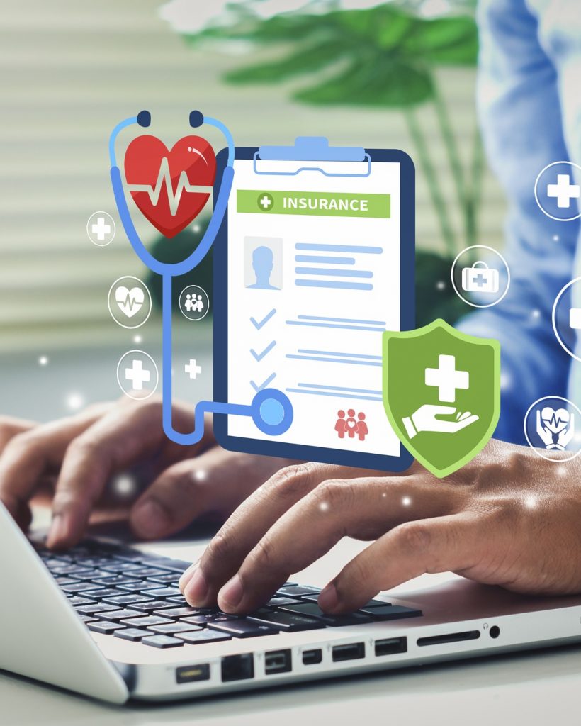 man typing computer for medical icons concept of health insurance family health care access to health welfare and copy space